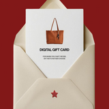Digital gift card with a brown handbag design inside an open beige envelope on a red background.