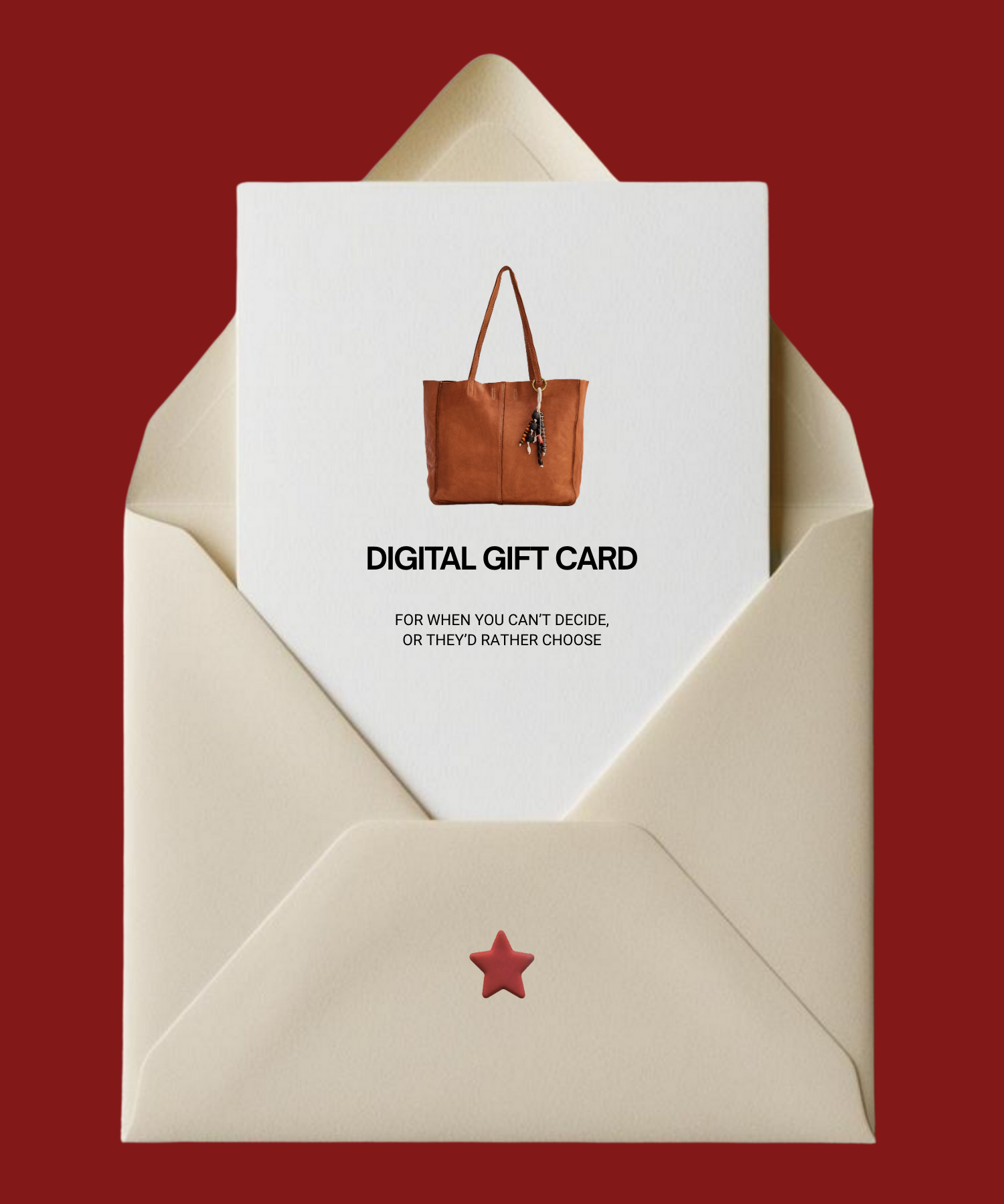 Digital gift card with a brown handbag design inside an open beige envelope on a red background.
