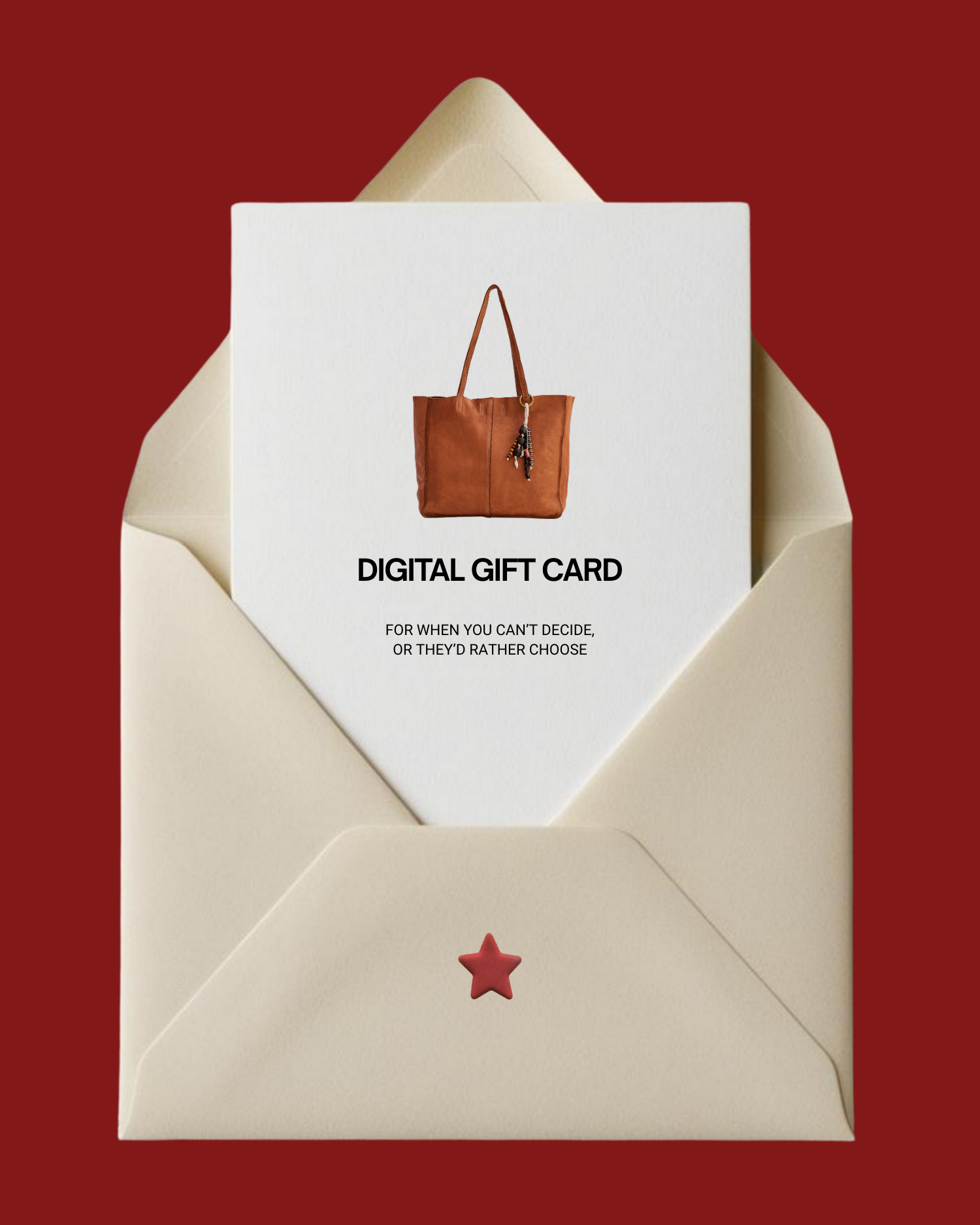 Digital gift card with a brown handbag design inside an open beige envelope on a red background.